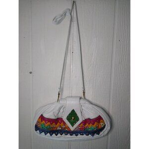 Samir Vtg HandBag White Bright Color Block Zigzag Prints Leather Hinged Purse